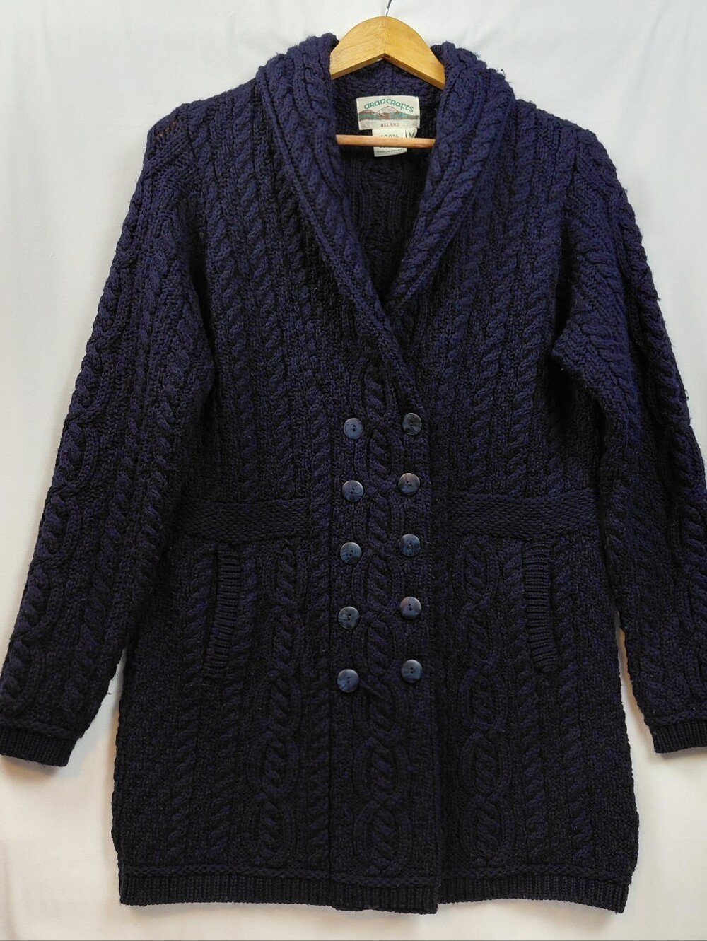 Aran Crafts Double Breasted Merino Wool Cardigan Women's Size Medium Navy Blue